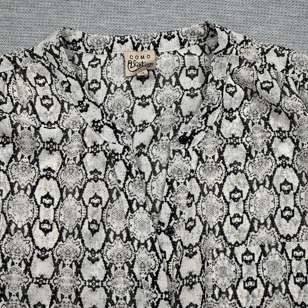 Como Vintage Snake Print Blouse Womens 2X Black Gray Long Sleeve Semi-Sheer - Picture 8 of 15